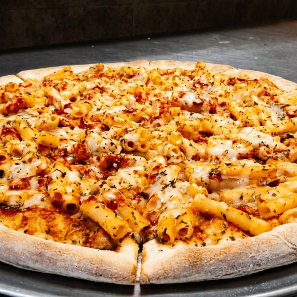 Whole pizza topped with penne pasta, melted cheese, and herbs on a metal pan.