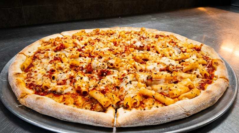 Whole pizza topped with penne pasta, melted cheese, and herbs on a metal pan.