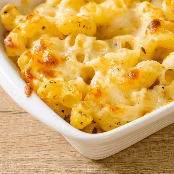 Baked macaroni and cheese in a white dish with melted, browned cheese on a wooden table.